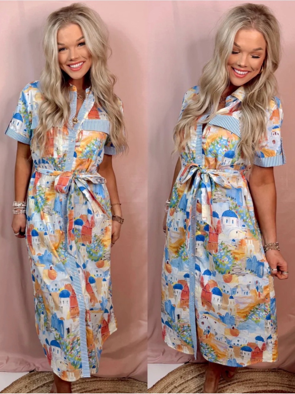 JODIFL Artisan Mediterranean Print Midi Shirt Dress in Blue and Orange